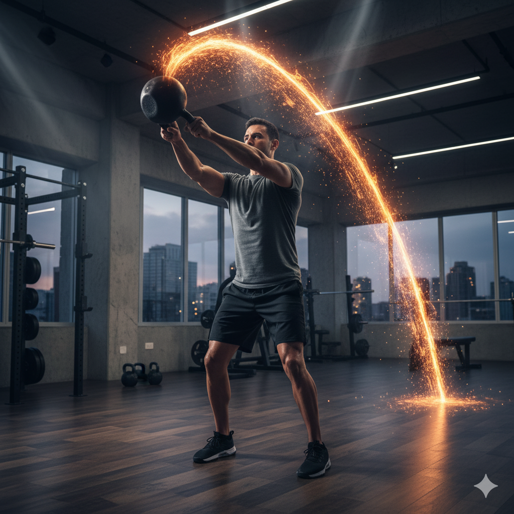 a person doing a kettlebell swing,